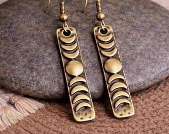 Moon Phases Bronze Earrings | Long Antique Bronze Boho Earrings | Hammered Metal Earrings | Boho Ethnic Jewellery | Original Rustic Earrings