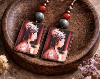 ONLY ONE | Japanese Ethnic Earrings | Handmade Oxidized Copper Charm | Original Handcrafted Artisan Earrings | Red Boho Ethnic Jewellery