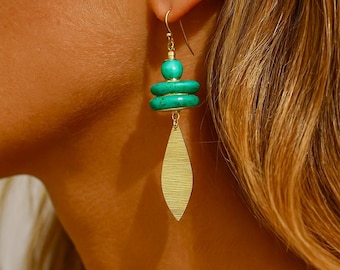 Turquoise Earrings | Gemstone Drop Earrings | Long Statement Earrings | Boho Artisan Handmade Jewelry | Stone Golden Brass Earrings | 70mm