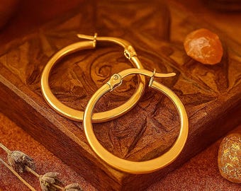 35mm Golden Hoop Earrings | Hypoallergenic Stainless Steel Earrings | Original Wide Flat Side Hoops