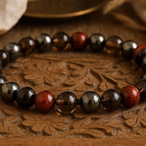 Red Tiger Eye Hematite Smoky Quartz Bracelet | PROTECTION/GROUNDING/VITALITY | Gemstone Stretchy Bracelet | Unisex Crystal Healing Bracelet