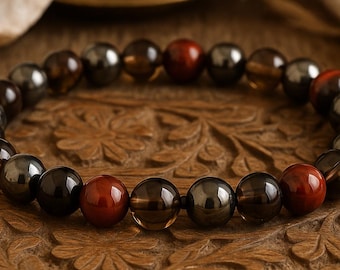 Red Tiger Eye Hematite Smoky Quartz Bracelet | PROTECTION/GROUNDING/VITALITY | Gemstone Stretchy Bracelet | Unisex Crystal Healing Bracelet