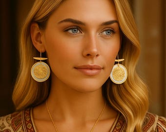 Mother of Pearl Charm Earrings | Large Dangle Earrings | Ethnic Metal Charm Earrings | Bohemian Jewellery | Bold Statement Earrings
