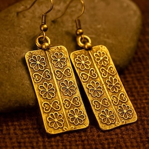 Original Bronze Earrings | Antique Bronze | Flower Decorated Charm | Hammered Metal Rustic Dangle Earrings | Bohemian Ethnic Jewellery