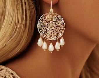 Mother of Pearl Earrings | Boho Statement Earrings | Original Dangle Earrings | Brass Metal Charm Earrings | Unique Handmade Jewellery
