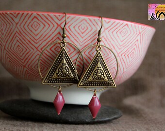 Boho Bronze Earrings | Triangle Earrings | Metal Enamel Earrings | Hippie Gypsy Jewelry | Original Handmade Charm Earrings | Choose Color
