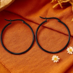 40mm Large Black Hoops | Stainless Steel Earrings | Gunmetal Earrings | Bohemian Chic Ethnic Tribal Earrings | Hypoallergenic Hoops