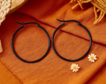 40mm Large Black Hoops | Stainless Steel Earrings | Gunmetal Earrings | Hypoallergenic Hoops