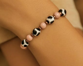 Tibetan DZI Bracelets | Onyx Ceramic Silver Copper Agate | Gemstone Stretch Bracelet | Original Elegant Jewelry | Statement Bracelet | 6-8mm