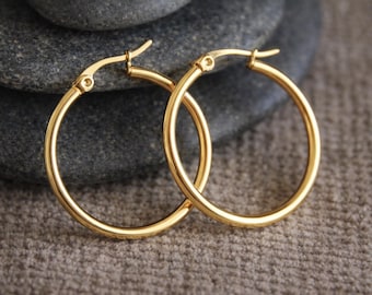 30mm Golden Hoops Earrings | 18K Gold Plated Hypoallergenic Stainless Steel Earrings | Original Bohemian Modern Earrings | Medium Hoops