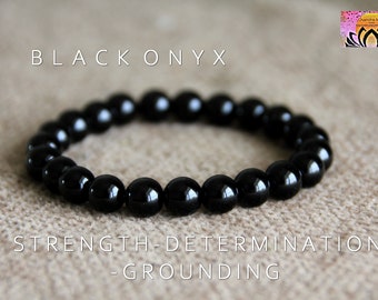 Black Onyx Bracelet | STRENGTH | DETERMINATION | GROUNDING | Root Chakra Bracelet | Onyx Stretchy Bracelet | Boho Jewelry | 8mm | Unisex