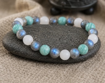 Labradorite Amazonite White Jade Bracelet | CONFIDENCE | SPEAK FREELY | Protection | Self Discovery | Organic Gemstone Jewelry | 8mm