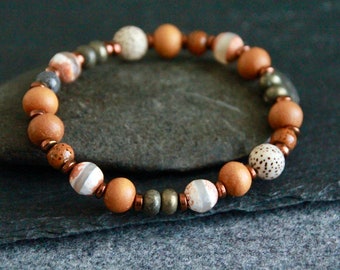 Sandalwood Ethnic Bracelet | Pyrite Lotus Seed DZI beads | Stretchy Gemstone and Wood Bracelet | Unisex | Original Organic Natural Jewelry
