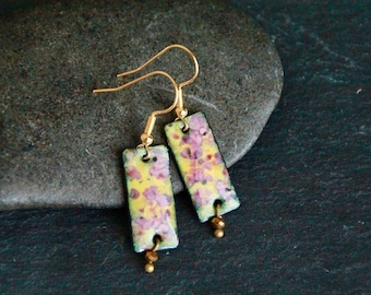 ONLY ONE | Original Minimalist Enamel Earrings | Handmade Enamel On Copper Charm Earrings | Light Pink Yellow Earrings | Unique Piece