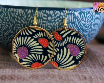 Japanese Flower Earrings-Paper on Metal Charm Earrings-Unique Statement Elegant Earring-Handmade Crafted Artisanal Jewelry-Blue Gold Earring