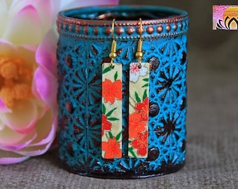 Rectangle Flower Earrings-Japanese Paper Earrings-Boho Long Dangle Earrings-Metal Earrings-Unique Artisan Jewellery-Statement Earrings