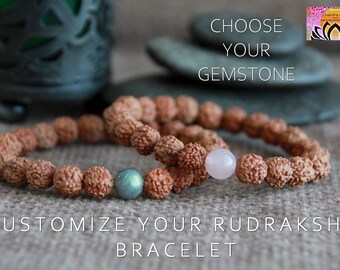 CUSTOMIZE Your Rudraksha Bracelet-Pick a Gemstone-Gemstone Seeds Stretchy Bracelet-Stacking Bracelet-Boho Hindu Yoga Jewelry-Organic Jewelry
