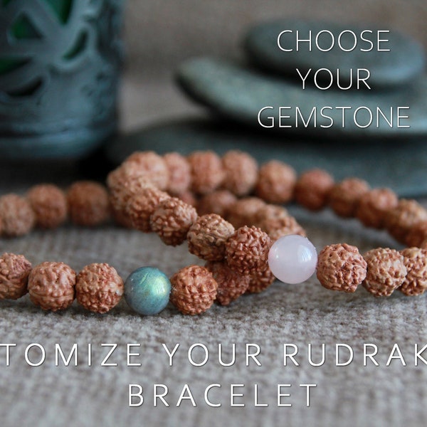 CUSTOMIZE Your Rudraksha Bracelet-Pick a Gemstone-Gemstone Seeds Stretchy Bracelet-Stacking Bracelet-Boho Hindu Yoga Jewelry-Organic Jewelry