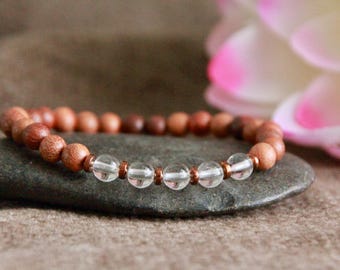 Rosewood + Clear Quartz Bracelet | CLEANSING | HEALING | ANXIETY | Natural Gemstone Wooden Bracelet | Organic Delicate Crystal Bracelet 6mm