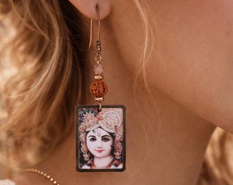 ONLY ONE | Goddess Earrings | Lakshmi | Rudraksha | Handmade Oxidized Copper Charm | Original Handcrafted Indian Ethnic Boho Earrings