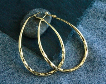 Big Oval Twisted Gold Hoops | 64x51mm | 18k Gold Earrings | Original Modern Statement Hoops | Teardrop Hoops | Boho Elegant Earrings