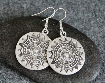Boho Silver Earrings | Antique Silver | Decorated Silver Metal Charm Earrings | Original Bohemian Ethnic Jewelry | Handmade Rustic Earrings