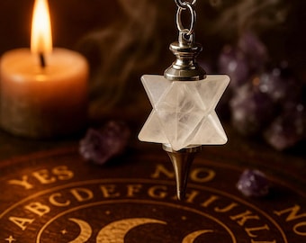 QUARTZ Merkaba Star Pendulum | Dowsing Pendulum Pendant | 44x17mm | 23.5cm long chain with clasp | Gemstone Crystal Divining Pendulum