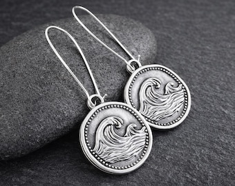 Ocean Wave Silver Earrings | Antique Silver | Decorated Metal Charm Earrings | Original Bohemian Ethnic Jewelry | Handmade Rustic Earrings