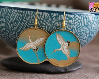 White Bird Earrings | Japanese Crane Charm Earrings | Japanese Paper | Statement Earrings | Handmade Crafted Jewelry | Blue Gold Earrings