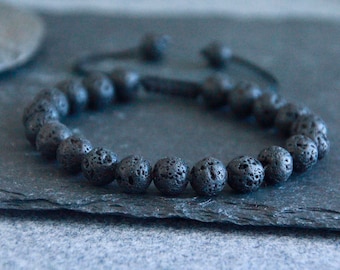 Lava Stone Bracelet | Unisex 7" to 8" | 8mm beads | Natural Black Lava Rock | Aromatherapy Perfume Oil Diffuser Bracelet | Macrame Slip Knot