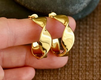 Chunky Twisted Studs | 18k Gold | Golden Half Hoops | C Shape Open Hoops | Studs | 25mm | 10mm Thick Wide Side