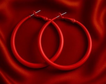 50mm Large Red Hoops | 4mm Thick | Sterling Silver Pin |  Bohemian Chic Ethnic Tribal Earrings | Latchback | Original Colourful Hoops