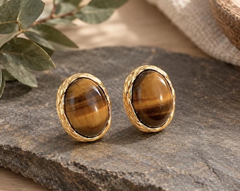 Oval Tiger's Eye Studs | Tiger's Eye Earrings | 21x16mm | 18k Gold | Gemstone Studs | Minimalist Jewellery | Boho Crystal Earrings