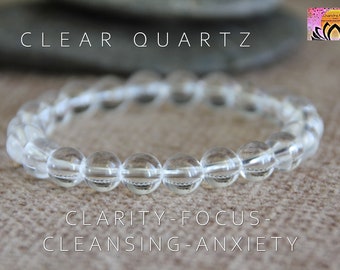 Clear Quartz Bracelet | CLARITY | CLEANSING | MOTIVATION | Anxiety | Organic Natural Gemstone Bracelet | Crystal Bracelet | 6mm or 8mm beads