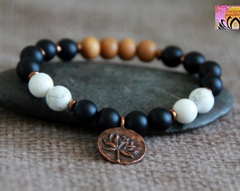 Black Onyx Howlite Bracelet With Sandalwood | STRENGTH BALANCING Bracelet | Gemstone Wood Charm Bracelet | Yin Yang Chakra Healing Bracelet