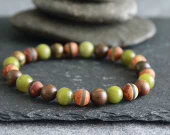 Peridot Green Sandalwood DZI Ethnic Bracelet | 8mm | Stretchy Gemstone and Wood Bracelet | Unisex | Original Organic Natural Jewelry