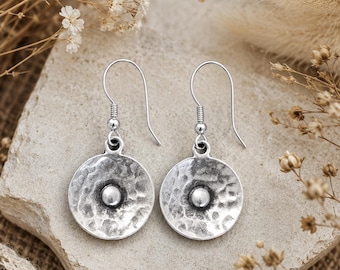 Circle Silver Earrings | Antique Silver | Decorated Metal Charm Earrings | Original Bohemian Ethnic Jewelry | Handmade Rustic Earrings
