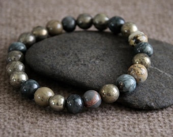 Pyrite Eagle Eye Stone Dendritic Jasper Bracelet | MIND FOCUS | INSPIRATION | Boho Gemstone Stretchy Bracelet | Handmade Jewelry |8mm Unisex