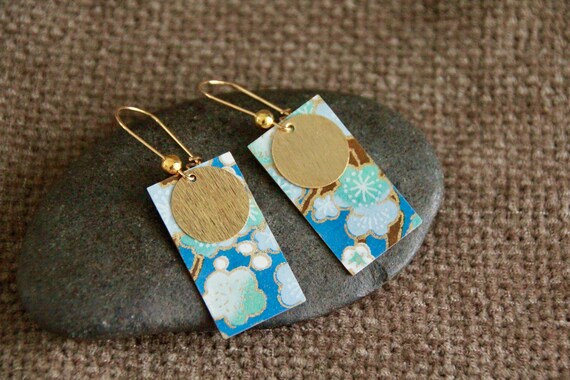Blue Cherry Blossom Earrings Japanese Paper Metal Charm Earrings Elegant Long Light Rectangle Statement Earrings Handmade Jewellery