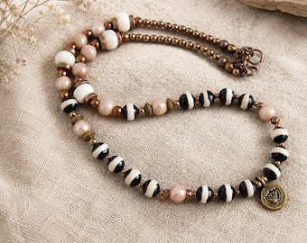 Boho Necklace | Dzi Beads Howlite and Copper | Short Necklace 16" 40cm | Choker