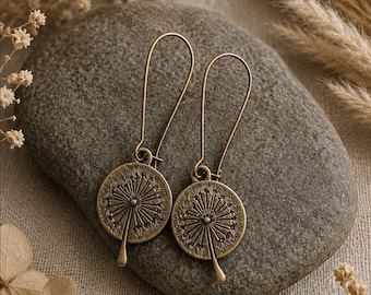 Bronze Dandelion Earrings | Antique Bronze | Decorated Metal Charm Earrings | Original Bohemian Ethnic Jewelry | Handmade Rustic Earrings