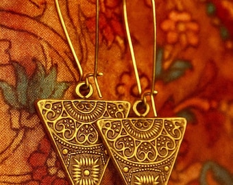 Original Bronze Triangle Earrings | Antique Bronze | Large Triangle Metal Charm Earrings | Rustic Boho Ethnic Jewelry | Statement Earrings
