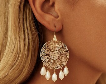 Mother of Pearl Earrings | Boho Statement Earrings | Original Dangle Earrings | Brass Metal Charm Earrings | Unique Handmade Jewellery