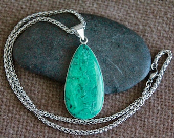 Malachite Chrysocolla Pendant-61x25mm-Natural Gemstone Pendant-Sterling Silver-Crystal Healing Pendant-Organic Quality Stone Jewellery