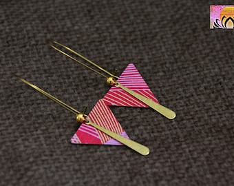 Pink and Gold Triangle Earrings | Japanese Paper Metal Charm Earrings | Minimalist Light Long Dangle Earrings | Unique Handmade Jewelry