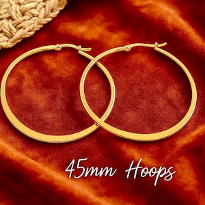 45 mm Flache Goldene Creolen | Hypoallergen No Allergy Edelstahl Ohrringe | Moderne Original Creolen | Boho Ethno Tribal Ohrringe