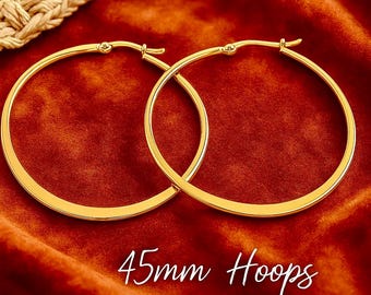 45mm Flat Golden Hoop Earrings | Hypoallergenic No Allergy Stainless Steel Earrings | Modern Original Hoops | Boho Ethnic Tribal Earrings
