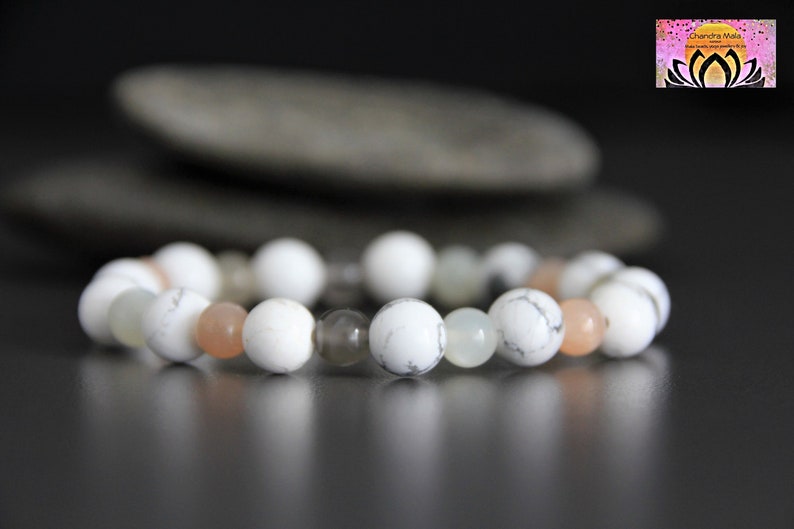 Moonstone Sunstone Howlite Bracelets Set-YinYang Energies-PEACEJOYFEMININE Energy-Yoga Bracelets Set-Wrist Mala-Gemstone Boho Bracelets