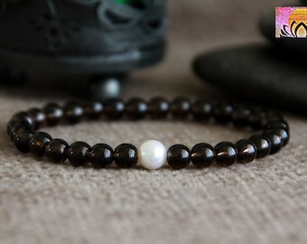 Smoky Quartz and Pearl Bracelet | CENTERING/GOAL REACHING/Protection | Natural Freshwater Pearl Gemstone Bracelet | Statement Bracelet | 6mm