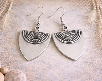 Original Silver Earrings | Antique Silver | Large Triangle Metal Charm Earrings | Rustic Boho Ethnic Jewelry | Unique Statement Earrings